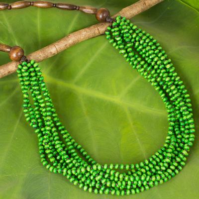 Wood beaded necklace, 'Rising Spring' - Hand Crafted Green Wood Statement Necklace from Thailand