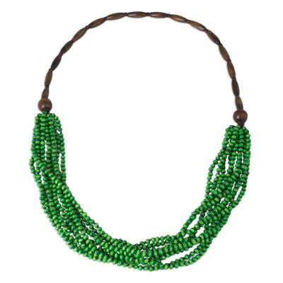 Wood beaded necklace, 'Rising Spring' - Hand Crafted Green Wood Statement Necklace from Thailand