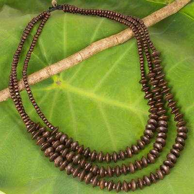Wood beaded necklace, 'Hawaiian Summer' - Thai Hand Crafted Wood Bead Necklace with Three Strands