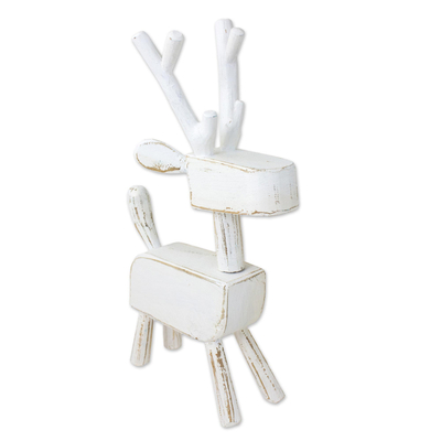 Wood figurine, 'Primitive Deer in White' - Hand Carved Wooden Deer Sculpture with White Finish