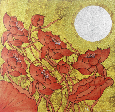 'Earthy Blossom II' - Thai Red Lotus Painting with Gold and Silver Foil