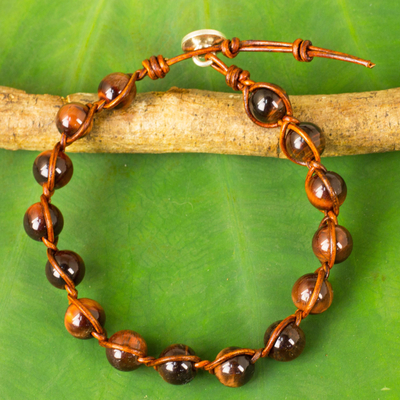 Tiger's eye and leather beaded bracelet, 'Warm Rhythm' - Tiger's Eye and Leather Handcrafted Bracelet with Silver 950