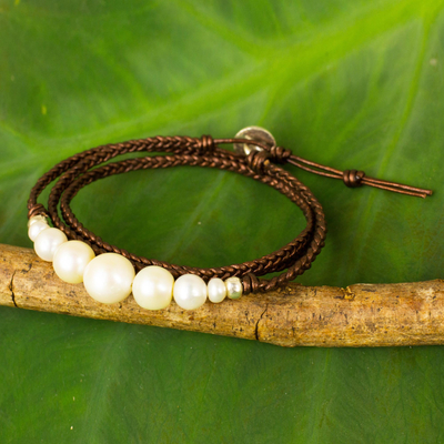 Brown braided pearl bracelet cotton cord bracelet pearl bracelet