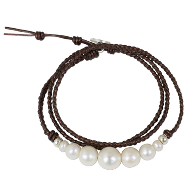 Cultured pearl and leather wrap bracelet, 'Chiang Mai Clouds' - Hand Braided Leather and Cultured Pearl Wrap Bracelet