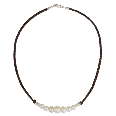 Cultured pearl and leather necklace, 'Chiang Mai Clouds' - White Cultured Pearl Hand Braided Leather Necklace