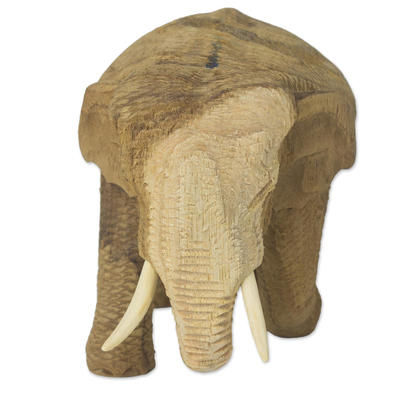 Wood statuette, 'Blissful Elephant' - Handmade Rain Tree and Ivory Wood Elephant Statuette