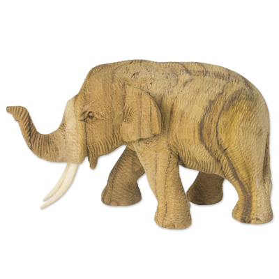 Wood statuette, 'Blissful Day' - Hand Crafted Rain Tree and Ivory Wood Elephant Statuette