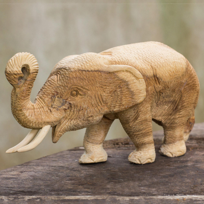 Teak wood statuette, 'Elephant Play' - Hand Carved Teak Wood Elephant Statuette from Thailand
