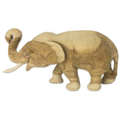 Hand Carved Teak Wood Elephant Statuette from Thailand