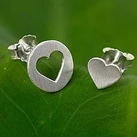 Sterling silver button earrings, 'Heart in the Moon' - Brushed Silver Heart Earrings in Positive and Negative Space