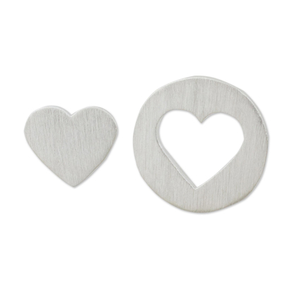 Sterling silver button earrings, 'Heart in the Moon' - Brushed Silver Heart Earrings in Positive and Negative Space
