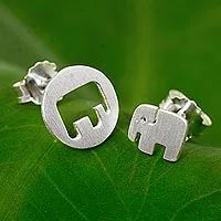 Sterling silver button earrings, 'Elephant in the Moon' - Elephant Theme Button Earrings in Brushed Sterling Silver