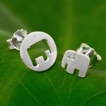 Sterling silver button earrings, 'Elephant in the Moon' - Elephant Theme Button Earrings in Brushed Sterling Silver
