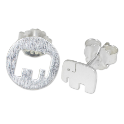 Sterling silver button earrings, 'Elephant in the Moon' - Elephant Theme Button Earrings in Brushed Sterling Silver