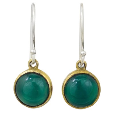 Onyx dangle earrings, 'Early Sun' - Green Onyx Earrings Handcrafted in Brass and Silver