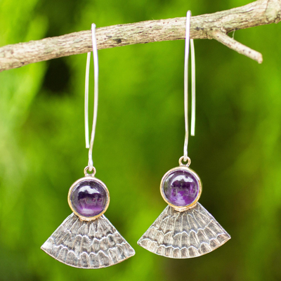 Amethyst dangle earrings, 'Butterfly Crown' - Antiqued 925 Silver Butterfly Wing Earrings with Amethysts