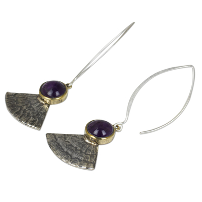 Amethyst dangle earrings, 'Butterfly Crown' - Antiqued 925 Silver Butterfly Wing Earrings with Amethysts