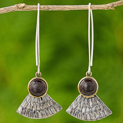Garnet dangle earrings, 'Butterfly Crown' - Antiqued 925 Silver Butterfly Wing Earrings with Garnet