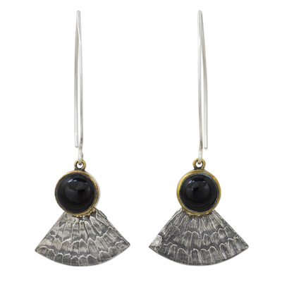 Onyx dangle earrings, 'Butterfly Crown' - Antiqued 925 Silver Butterfly Wing Earrings with Black Onyx