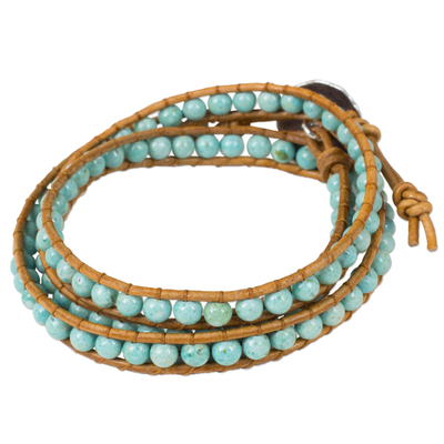 Serpentine and leather wrap bracelet, 'Blue Caramel' - Serpentine and Leather Wrap Bracelet from Thailand