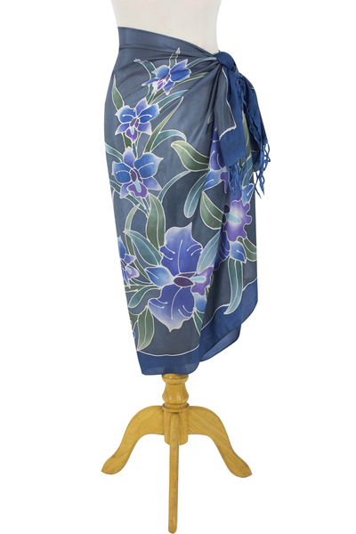 Silk batik sarong, 'Midnight Cattleya' - 100% Thai Silk Sarong Wrap with Hand-printed Batik Orchids