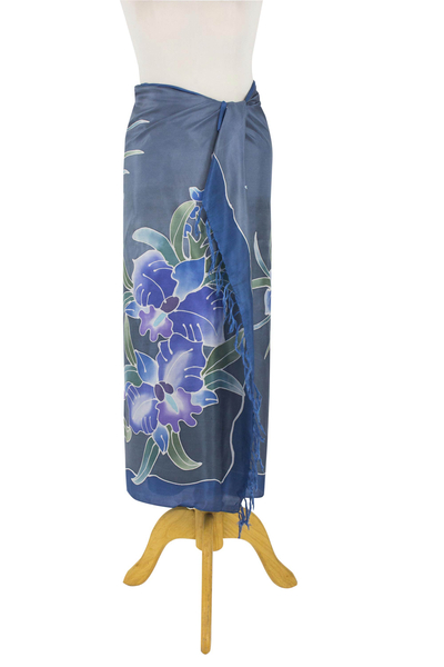 Silk batik sarong, 'Midnight Cattleya' - 100% Thai Silk Sarong Wrap with Hand-printed Batik Orchids