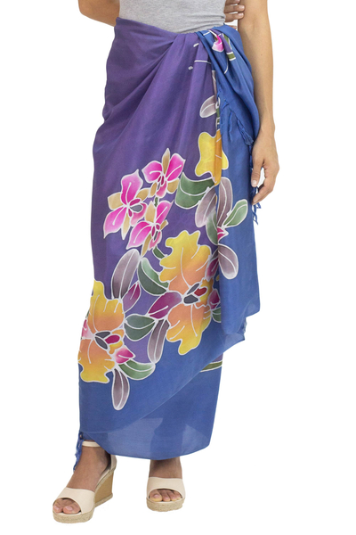 Silk batik sarong, 'Tropical Cattleya' - Hand-printed Batik Orange Orchids on 100% Silk Thai Sarong