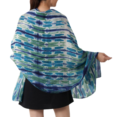 Silk shawl, 'Chao Phraya River' - Blue and Green Tie Dyed All Silk Shawl from Thai Artisan