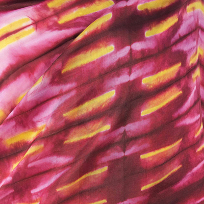 Silk shawl, 'Mekong River' - Hand Woven Red Pink and Yellow Tie Dyed Silk Shawl