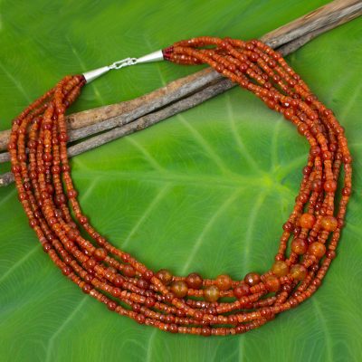Carnelian beaded strand necklace, 'Orange Cosmos' - Artisan Fair Trade Handcrafted Statement Collar Necklace For