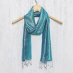 Artisan Crafted 100% Silk Teal Wrap Scarf from Thailand, 'Peacock Blue'