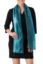 Silk scarf, 'Peacock Blue' - Artisan Crafted 100% Silk Teal Wrap Scarf from Thailand