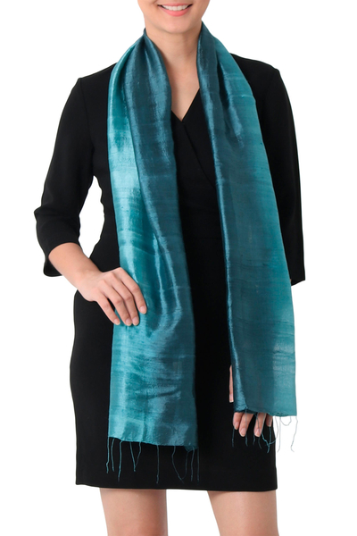 Pañuelo de seda - Bufanda cruzada artesanal 100 % de seda verde azulado de Tailandia
