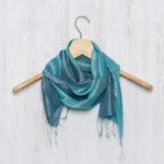 Silk scarf, 'Peacock Blue' - Artisan Crafted 100% Silk Teal Wrap Scarf from Thailand