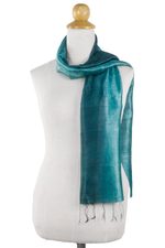 Silk scarf, 'Peacock Blue' - Artisan Crafted 100% Silk Teal Wrap Scarf from Thailand