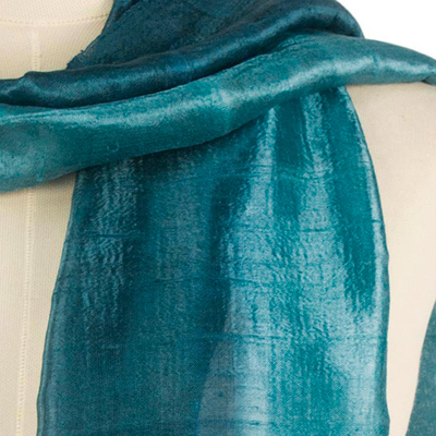 Silk scarf, 'Peacock Blue' - Artisan Crafted 100% Silk Teal Wrap Scarf from Thailand