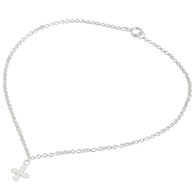 Sterling silver pendant anklet, 'Lucky Blooming' - Hand Crafted Sterling Silver Anklet with Floral Pendant