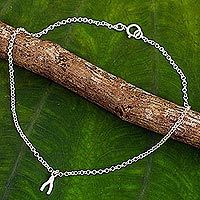 Sterling silver pendant anklet, 'The Wishbone' - Handmade Sterling Silver Anklet with Wishbone Pendant