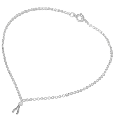 Sterling silver pendant anklet, 'The Wishbone' - Handmade Sterling Silver Anklet with Wishbone Pendant
