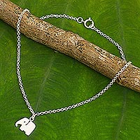 Sterling silver charm anklet, 'Elephant Bliss' - Artisan Crafted Sterling Silver Anklet with Elephant Charm