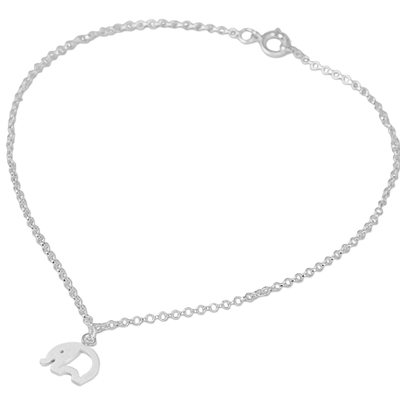 Sterling silver charm anklet, 'Blissful Elephant' - Hand Crafted Sterling Silver Anklet with Elephant Charm