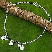 Tobillera de plata de ley, 'Elephant Romance' - Tobillera de elefante y corazón de plata de ley tailandesa hecha a mano