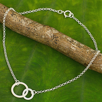 Sterling silver two circle anklet, 'Relationship' - Thai Handcrafted 2 Circle Anklet in Brushed Sterling Silver