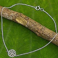 Sterling silver anklet, 'Blossoming Kaleidoscope' - Thai Artisan Crafted Sterling Silver Geometric Floral Anklet