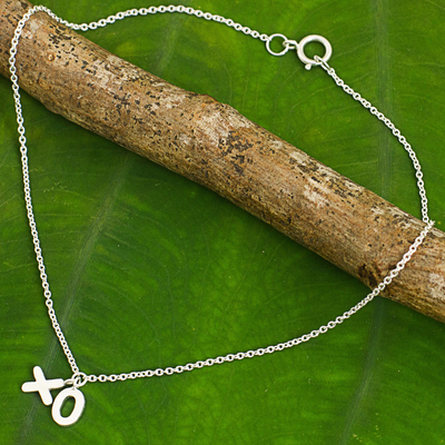 Sterling silver anklet, 'Kiss and a Hug' - Thai Artisan Crafted Anklet in Brushed Sterling Silver