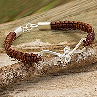 Leather and sterling silver braided bracelet, 'Brown Infinity Swirl'