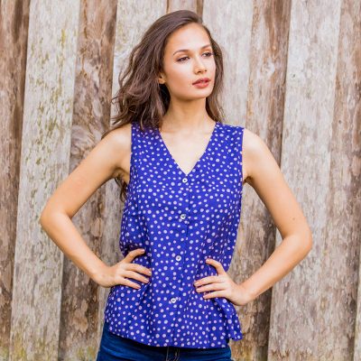 Cotton sleeveless blouse, 'Polka Dot Night' - Artisan Crafted 100% Cotton Sleeveless Blouse in Blue