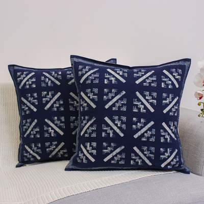 Cotton cushion covers, Blue Hmong Starbursts (pair)