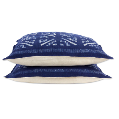 Cotton cushion covers, 'Blue Hmong Starbursts' (pair) - Hill Tribe Artisan Crafted Cotton Batik Cushion Covers (Two)