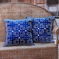 Cotton cushion covers, 'Blue Hmong Labyrinth' (pair) - Two Hill Tribe Artisan Crafted Cotton Batik Cushion Covers